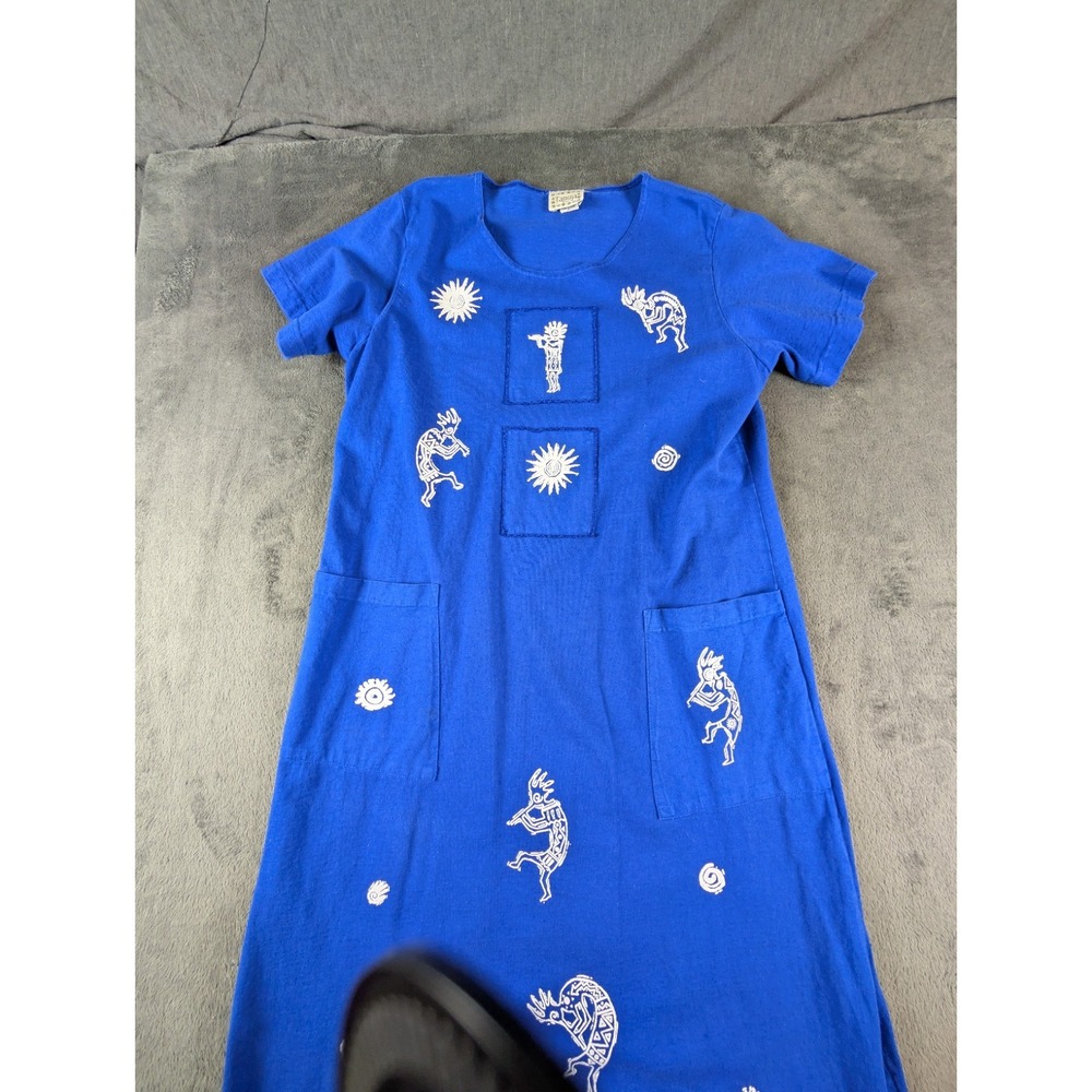 Vintage Tanuja USA Blue Dress XL Kokopelli Southwestern Cotton Pockets 90s Art - Picture 2 of 10